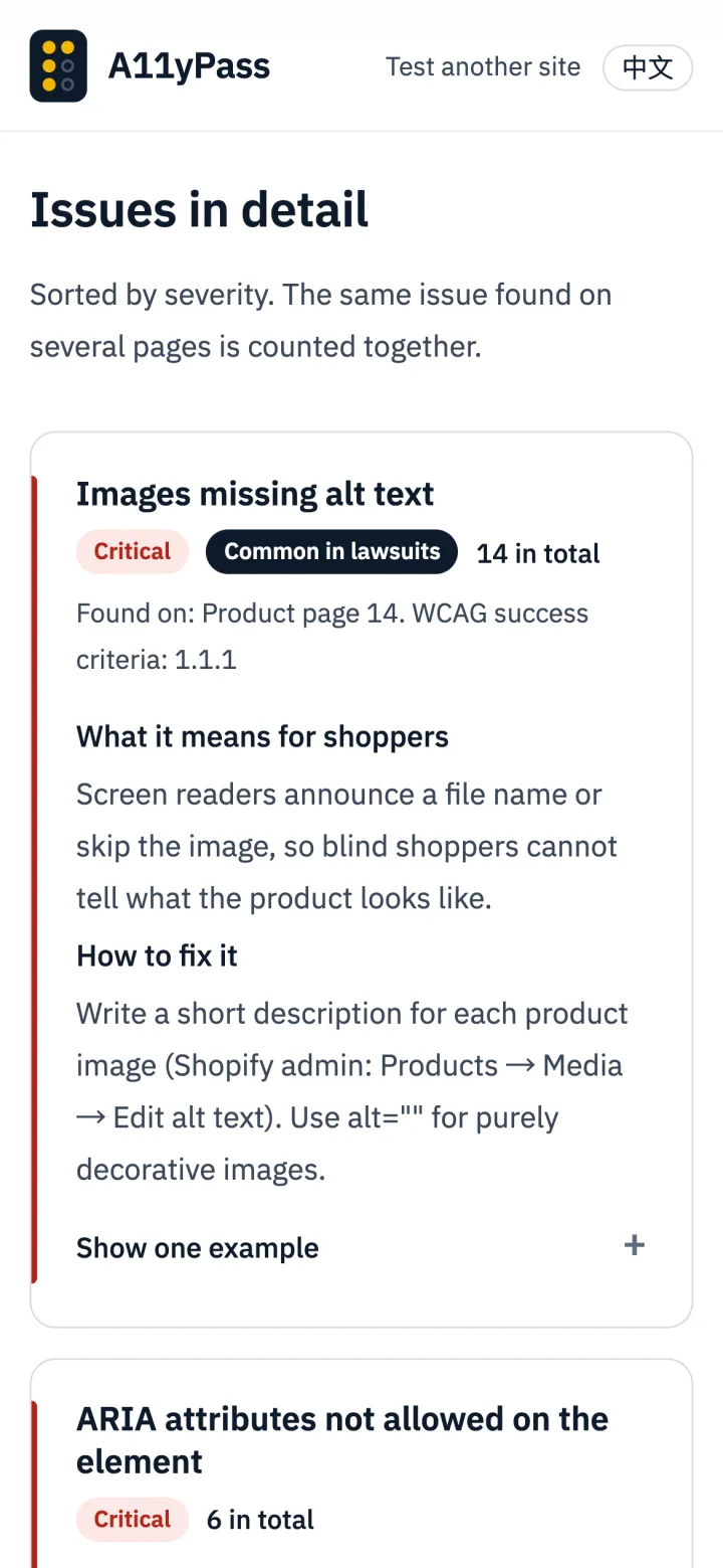 Issue details on a phone: images missing alt text, critical, common in lawsuits, 14 in total, with the impact on shoppers and how to fix it.